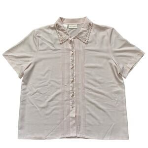 VINTAGE Christie & Jill Blush Pink Pearl and Floral Embroidered Short Sleeve 14